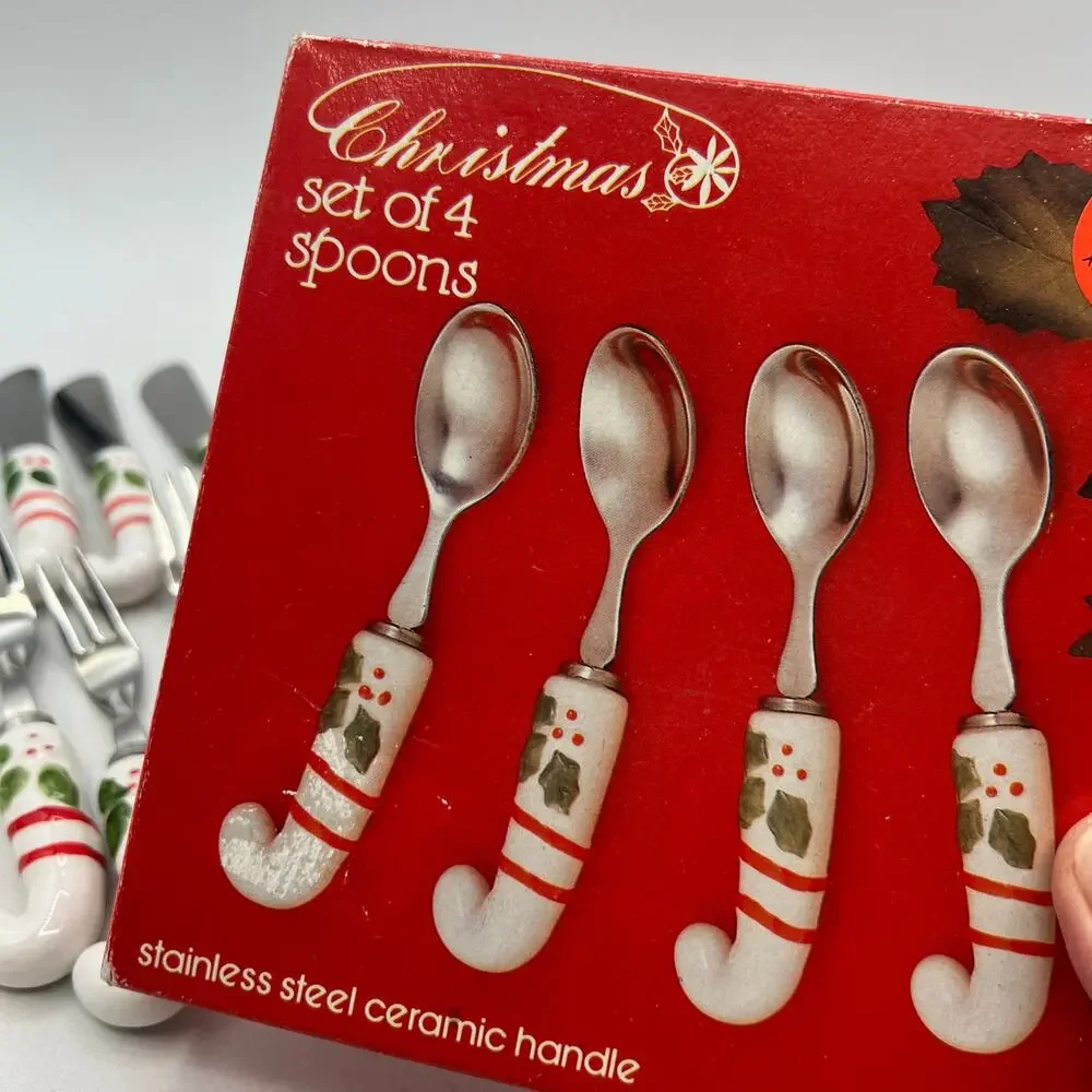 12 Vtg Ceramic Candy Cane Spreaders Appetizer Forks Spoons Condiments Stainless